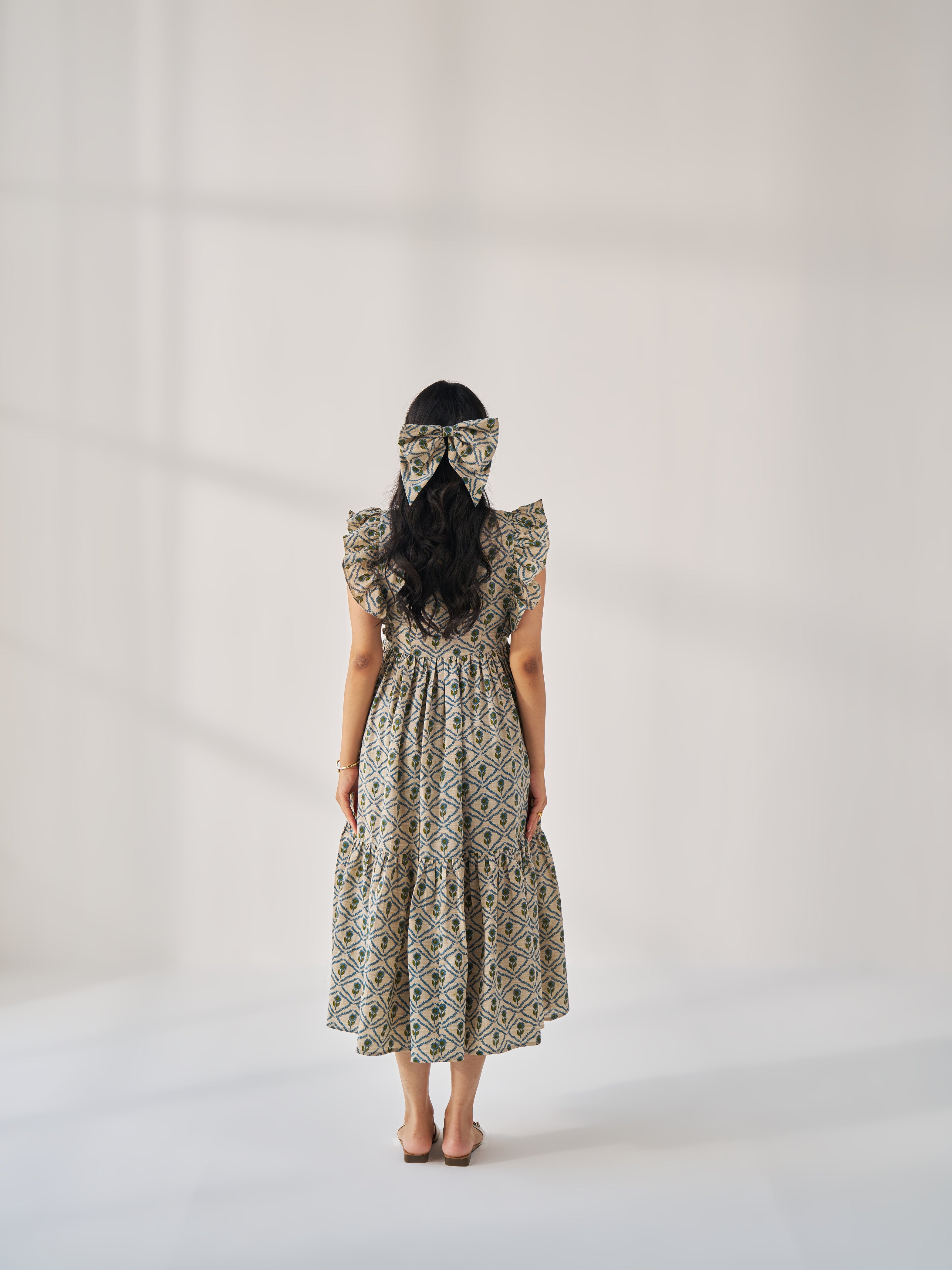 COTTON SEED-GEOMETRICAL PRINT NATURAL BEIGE FRILL DRESS