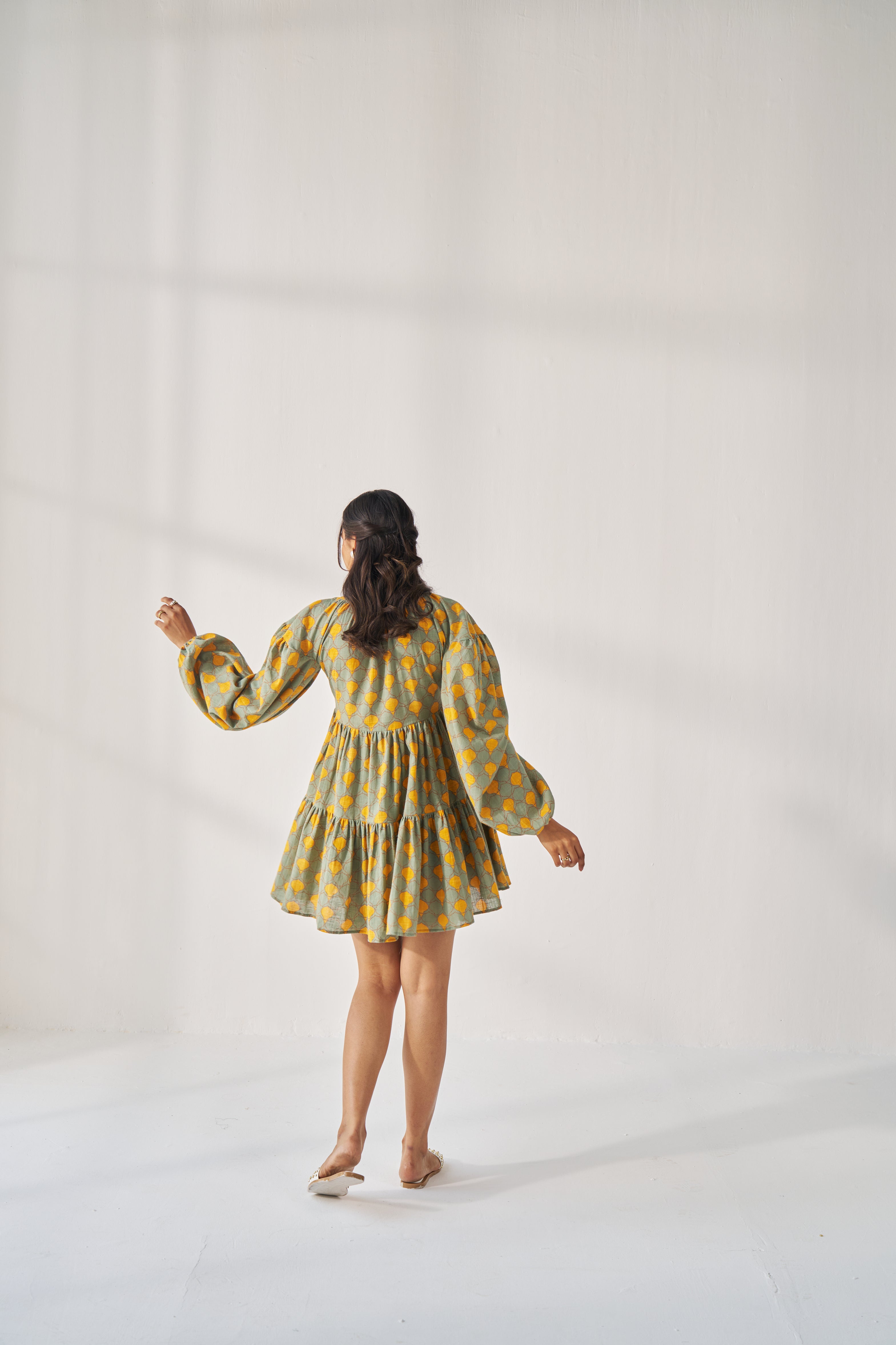SUMMER LOVE-GEOMATRICAL PRINT GREEN AND ORANGE PLAYFUL DRESS
