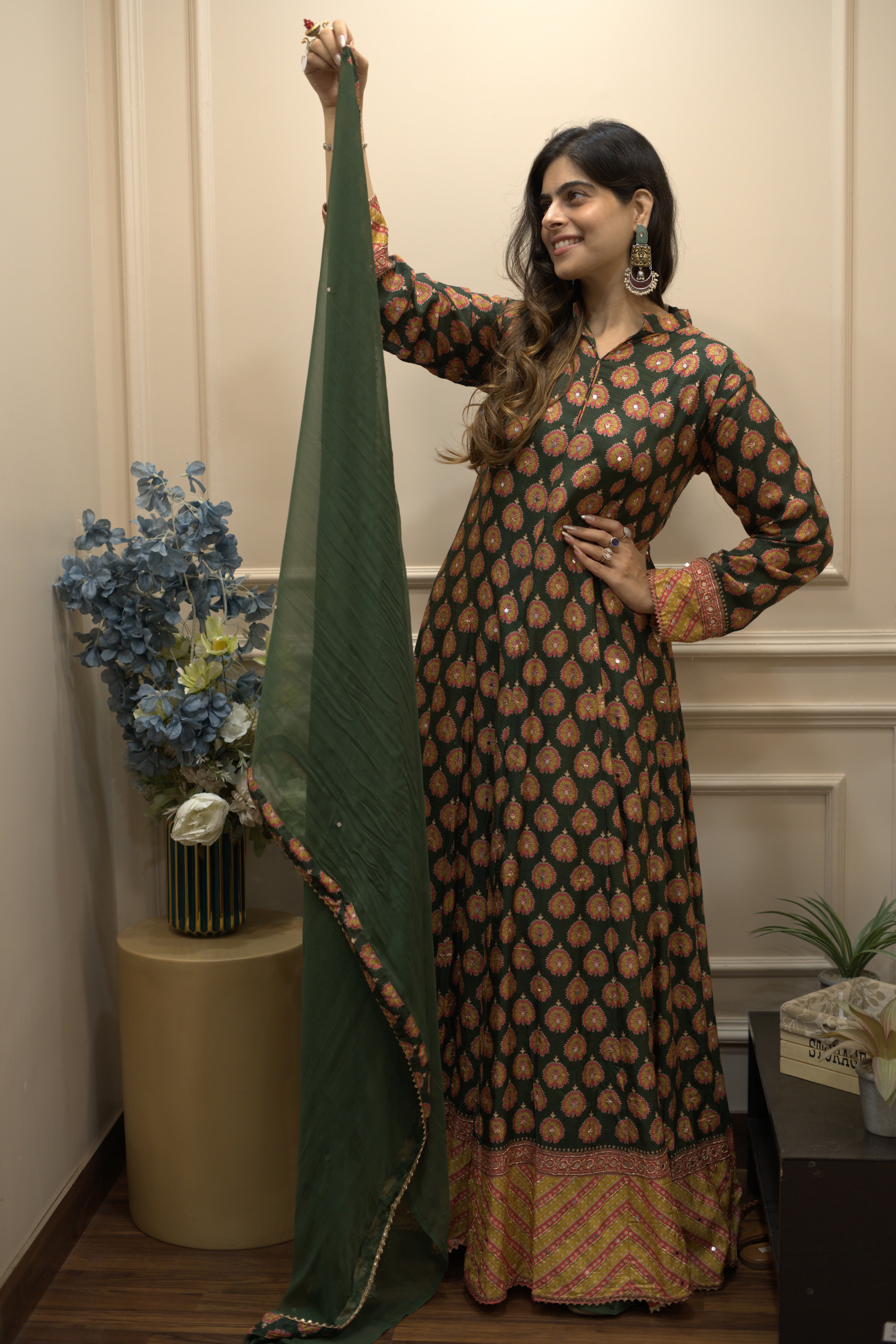 MEGHNA- Green Silk Anarkali with Chiffon Dupatta