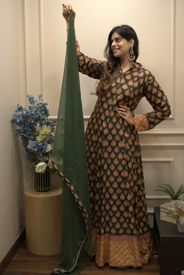 MEGHNA- Green Silk Anarkali with Chiffon Dupatta
