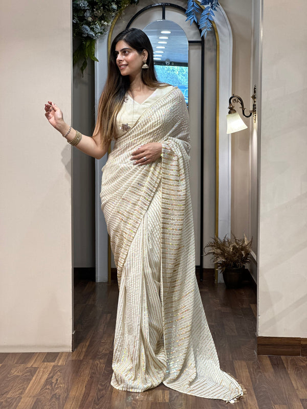 RANI-Adaara White sequence predraped saree with stitched blouse