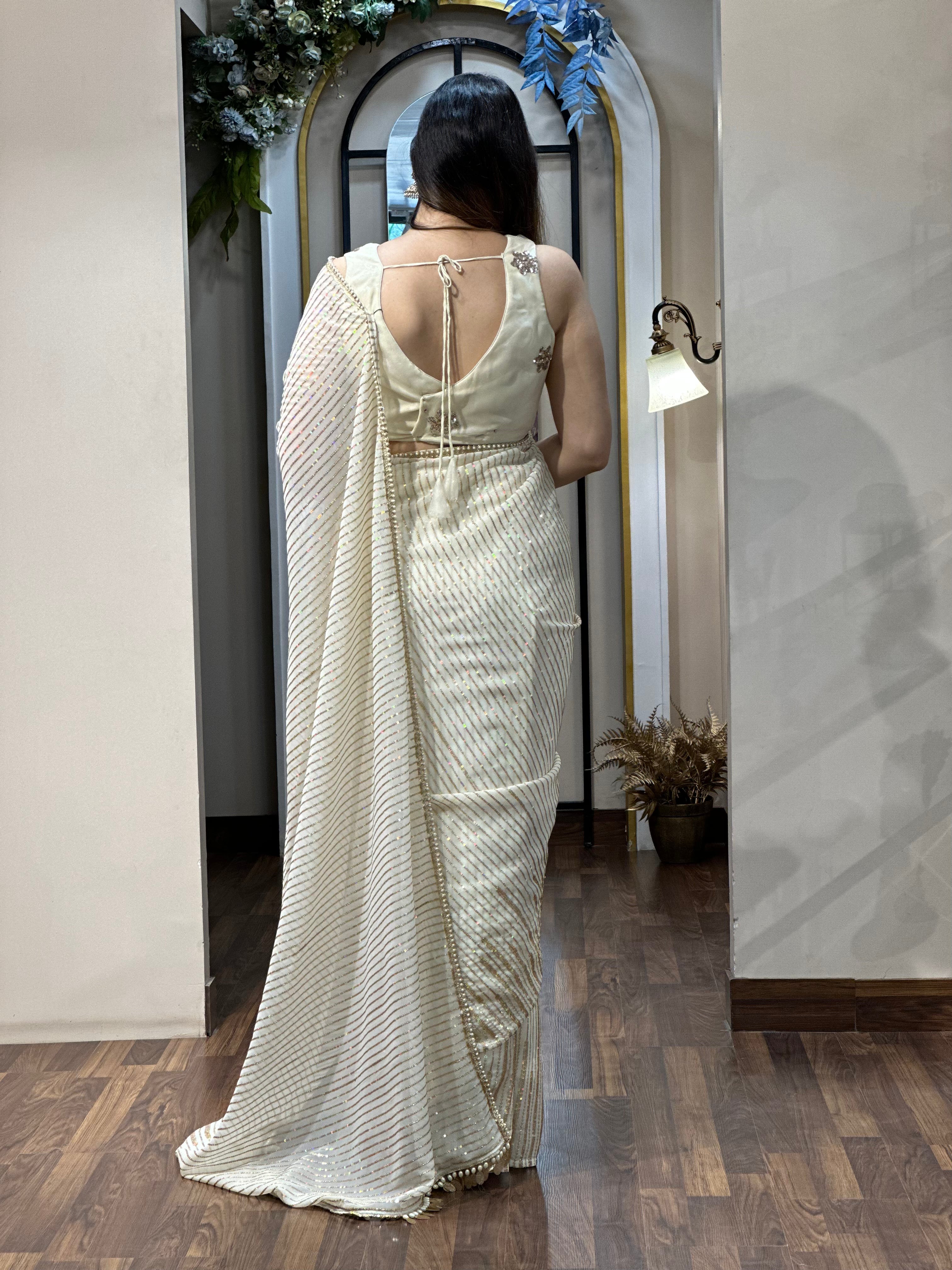 RANI-Adaara White sequence predraped saree with stitched blouse