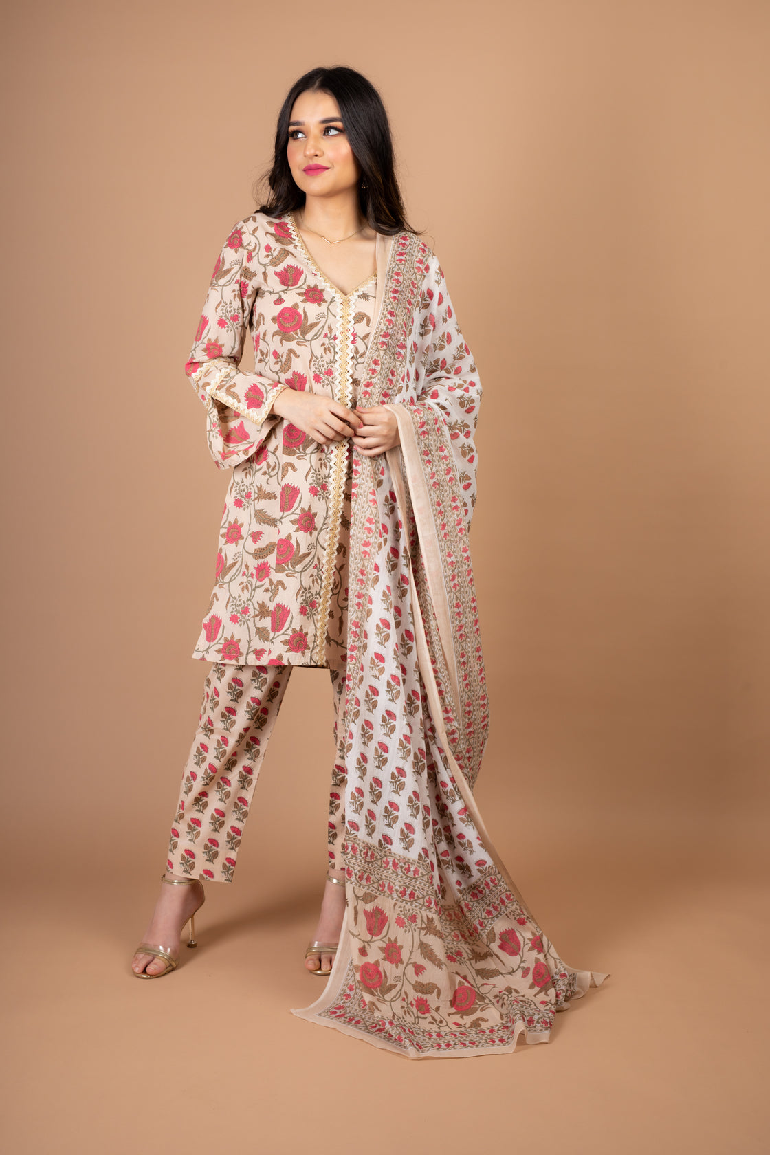 Tisya- Adaara Beiege and pink Floral Print Suit Set with Lace detailing - Adaara