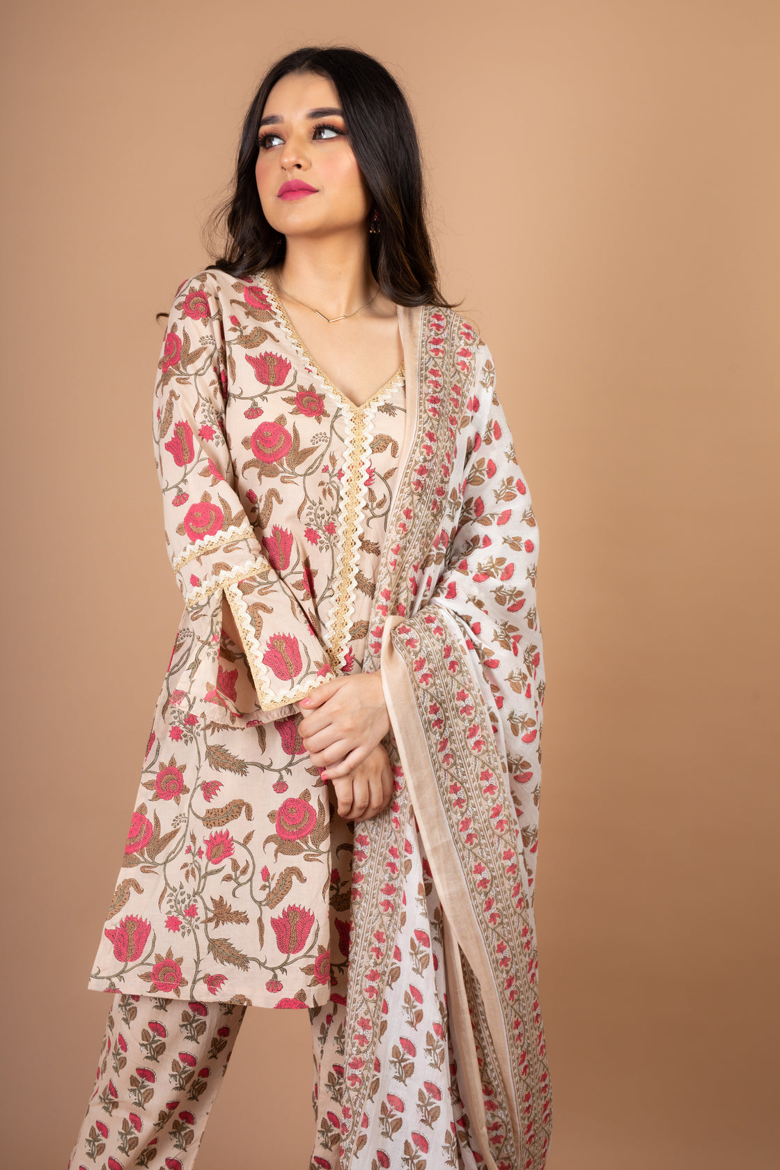 Tisya- Adaara Beiege and pink Floral Print Suit Set with Lace detailing - Adaara