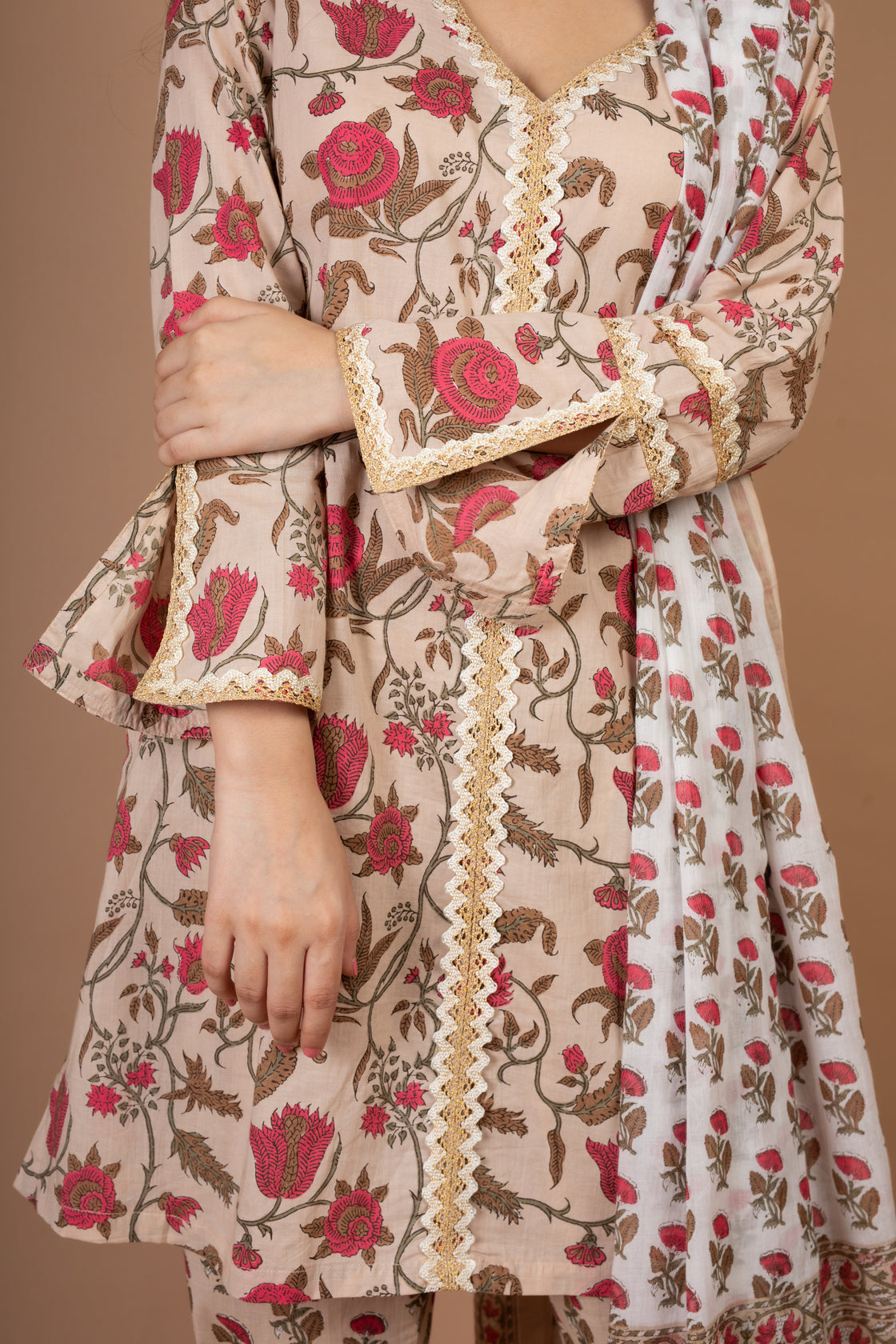 Tisya- Adaara Beiege and pink Floral Print Suit Set with Lace detailing - Adaara