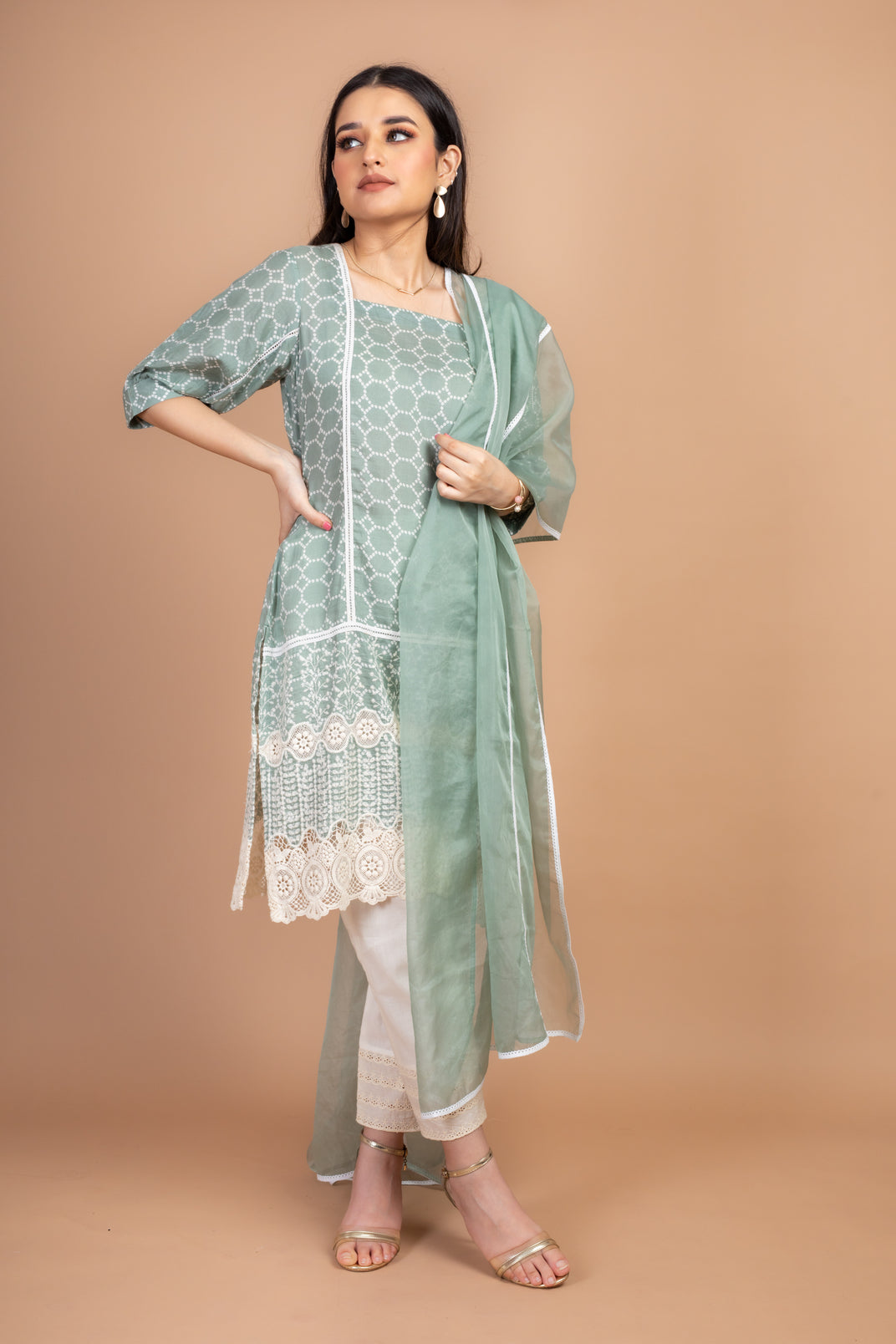 Jividha - Adaara Pastel greeen Suit Set with crochet detailing - Adaara