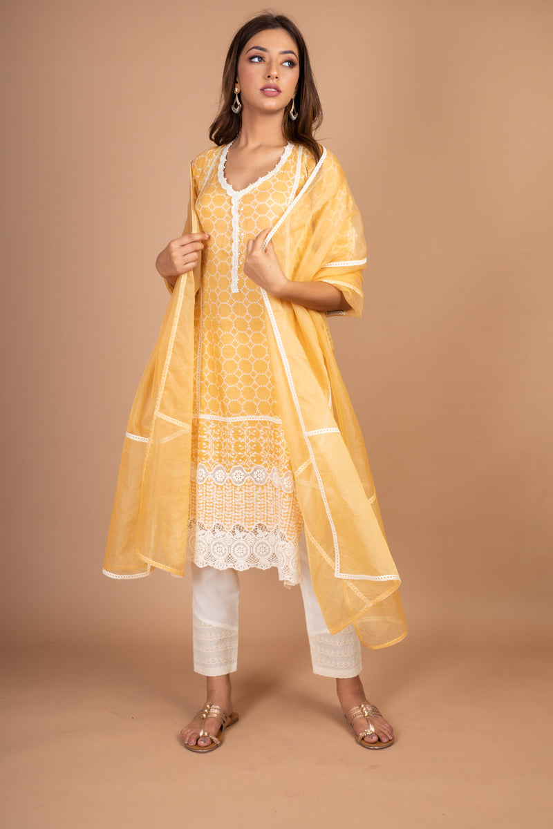Jaina - Adaara pastel Yellow Suit Set with crochet detailing - Adaara