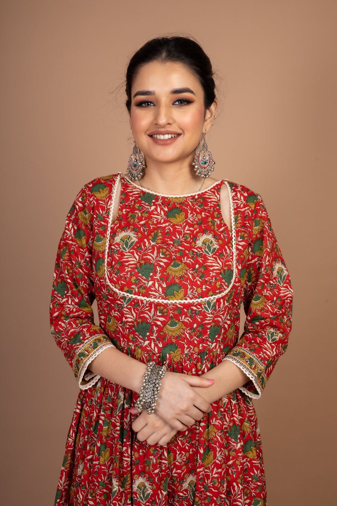 Netra- Adaara Red Floral Print Suit Set with crochet detail and Organza Dupatta - Adaara