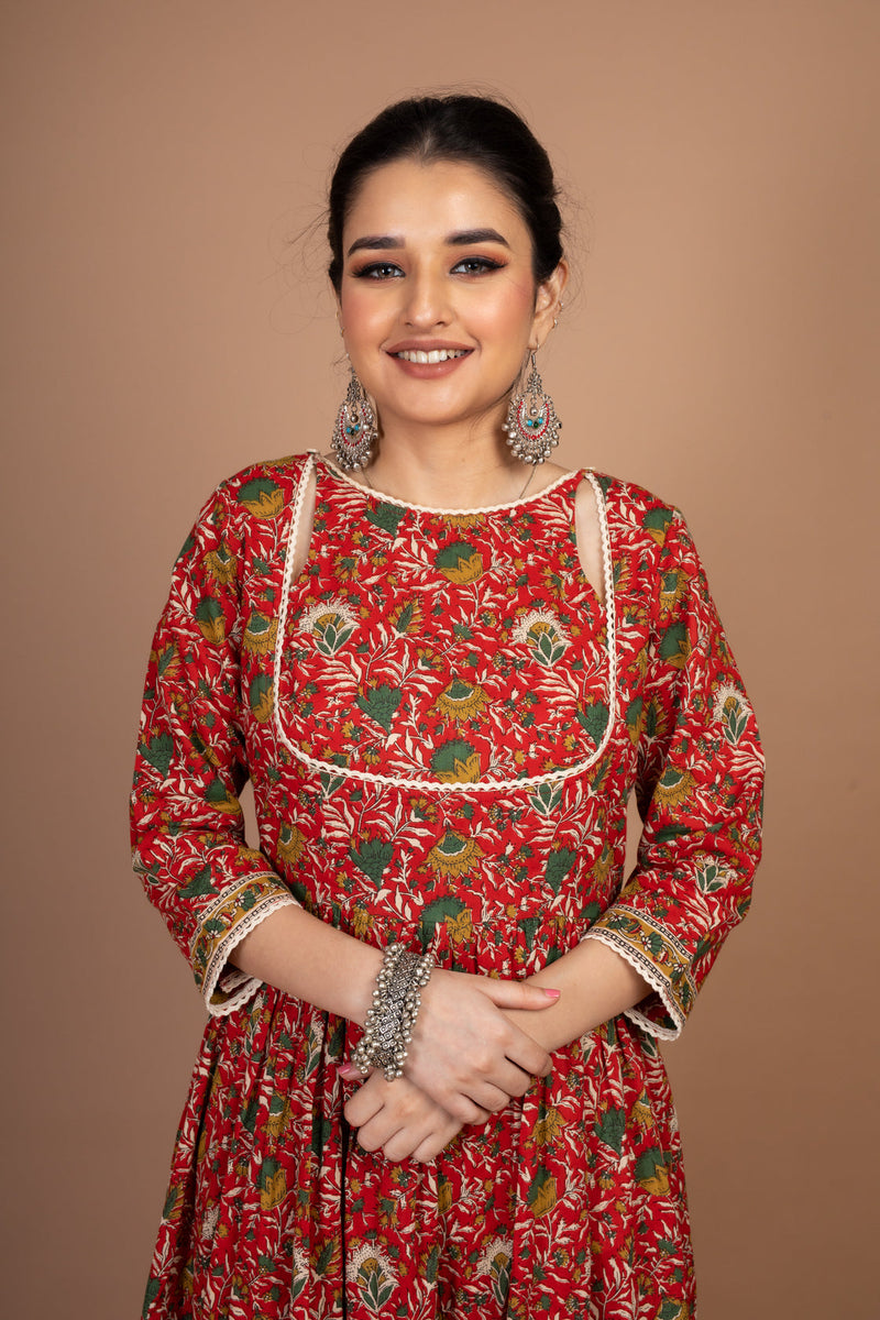 Netra- Adaara Red Floral Print Suit Set with crochet detail and Organza Dupatta - Adaara
