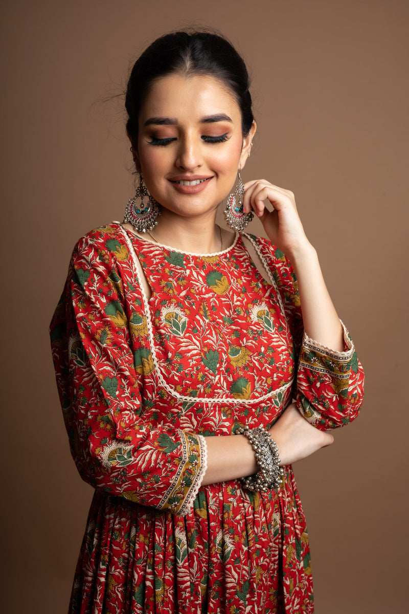 Netra- Adaara Red Floral Print Suit Set with crochet detail and Organza Dupatta - Adaara
