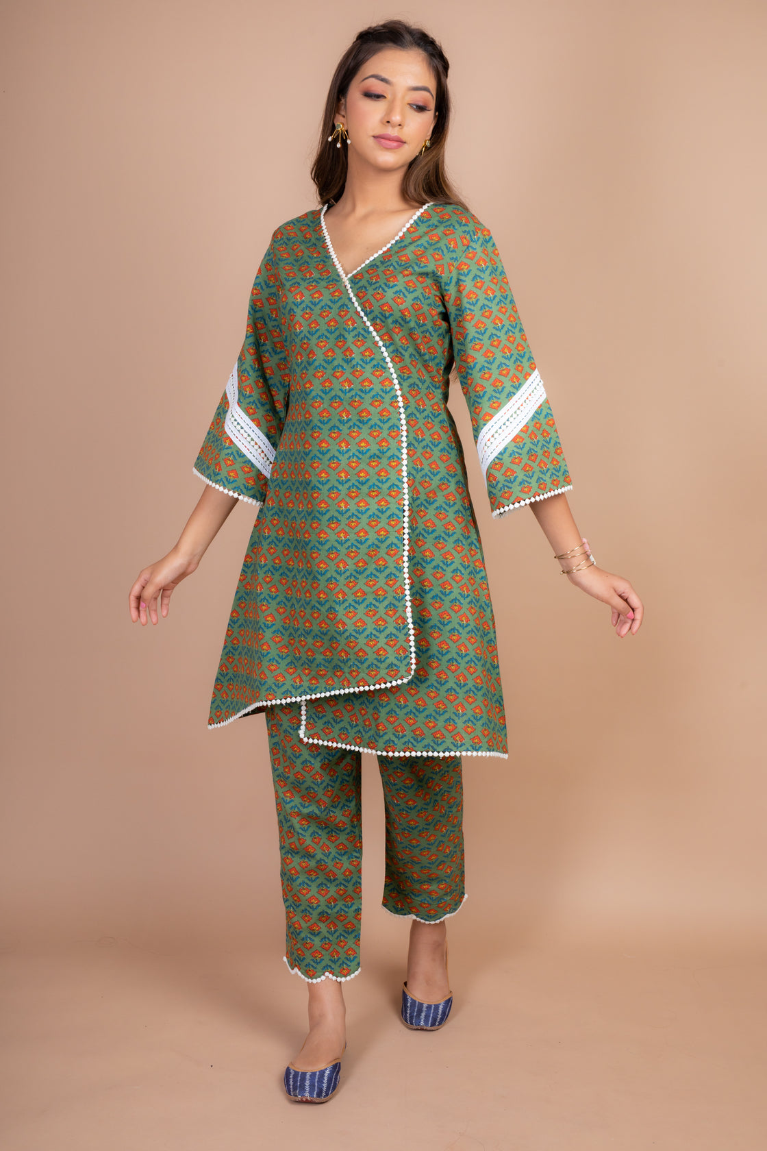 Inika - Adaara Green Co-ord set with Fish Cut Sleeves and crochet detailing - Adaara