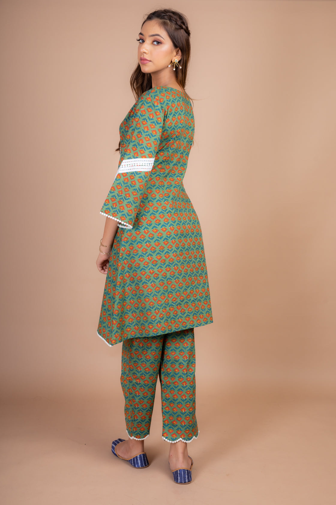 Inika - Adaara Green Co-ord set with Fish Cut Sleeves and crochet detailing - Adaara