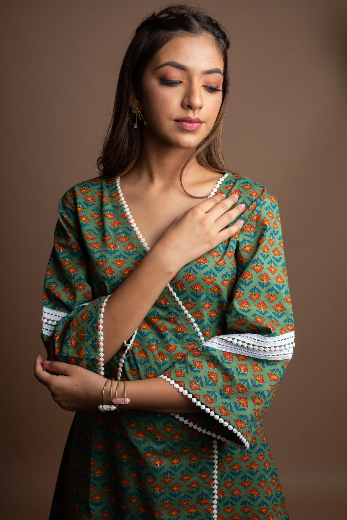 Inika - Adaara Green Co-ord set with Fish Cut Sleeves and crochet detailing - Adaara