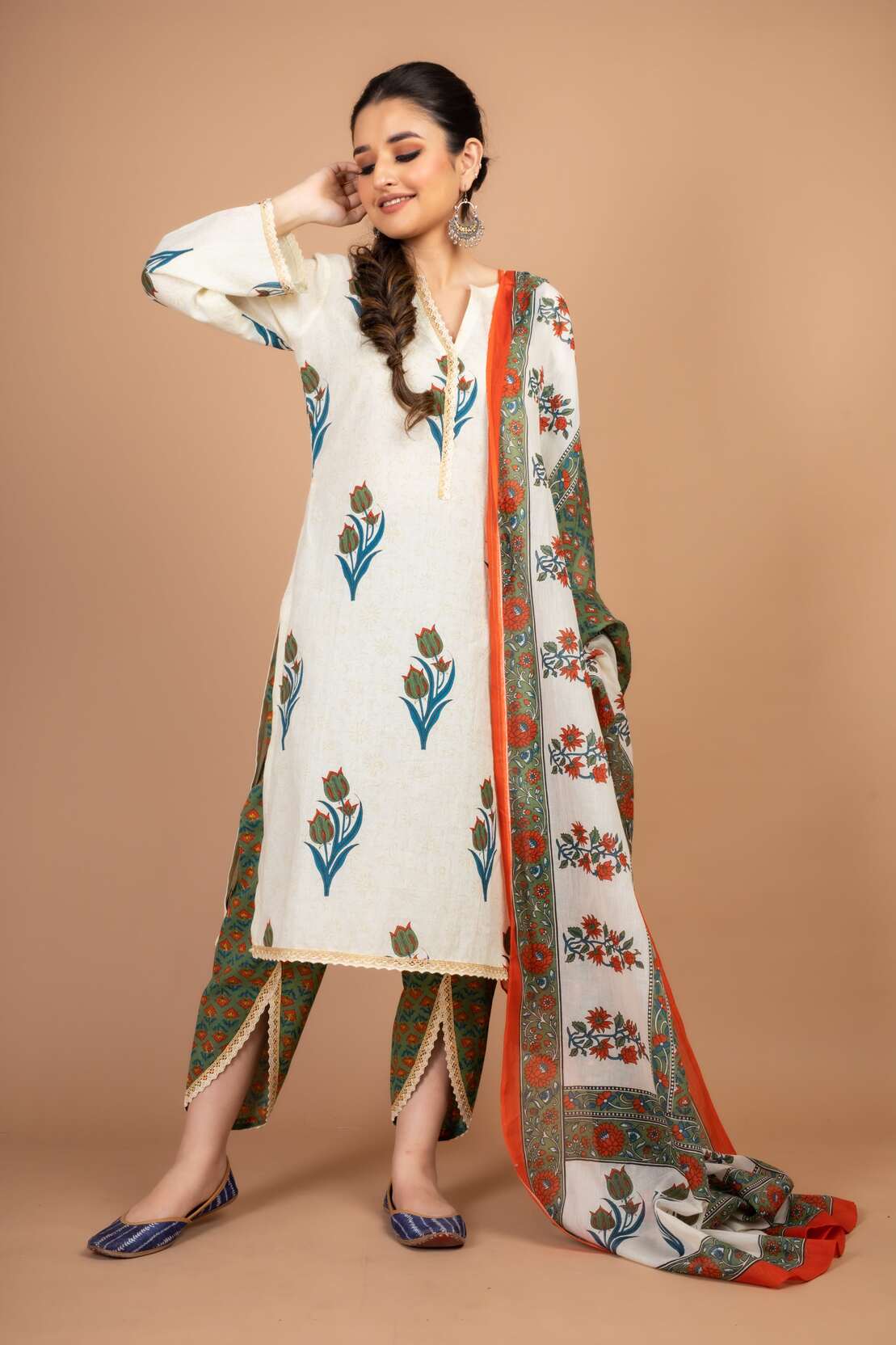 Aarya - Adaara white and green block print Suit Set with Tulip pant and Dupatta - Adaara