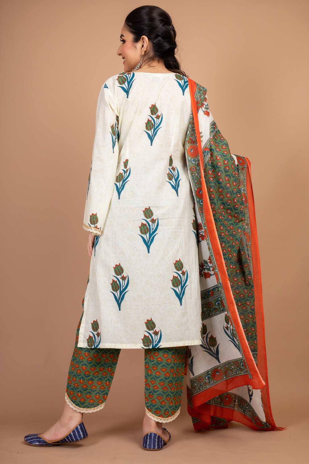 Aarya - Adaara white and green block print Suit Set with Tulip pant and Dupatta - Adaara