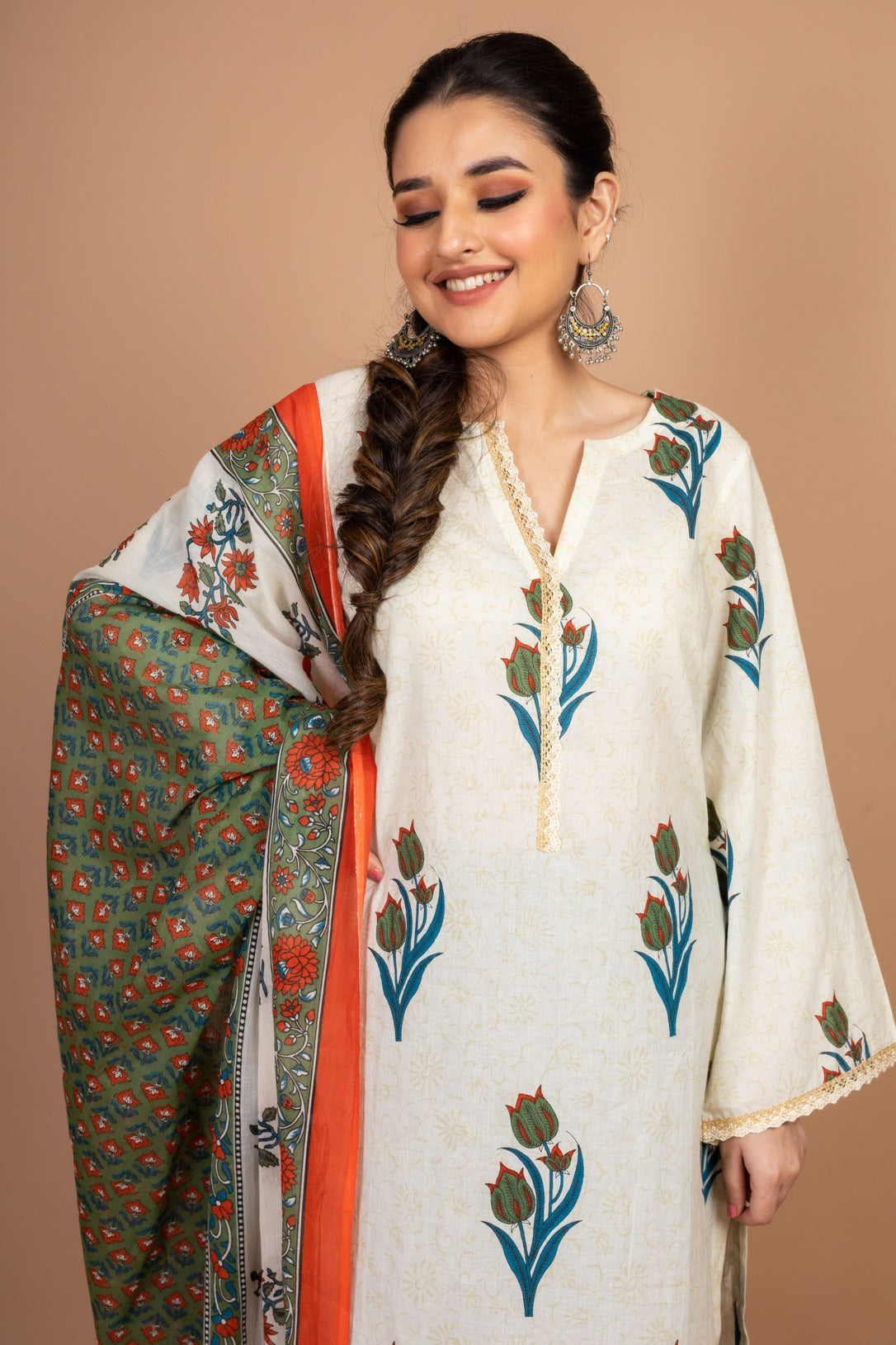 Aarya - Adaara white and green block print Suit Set with Tulip pant and Dupatta - Adaara