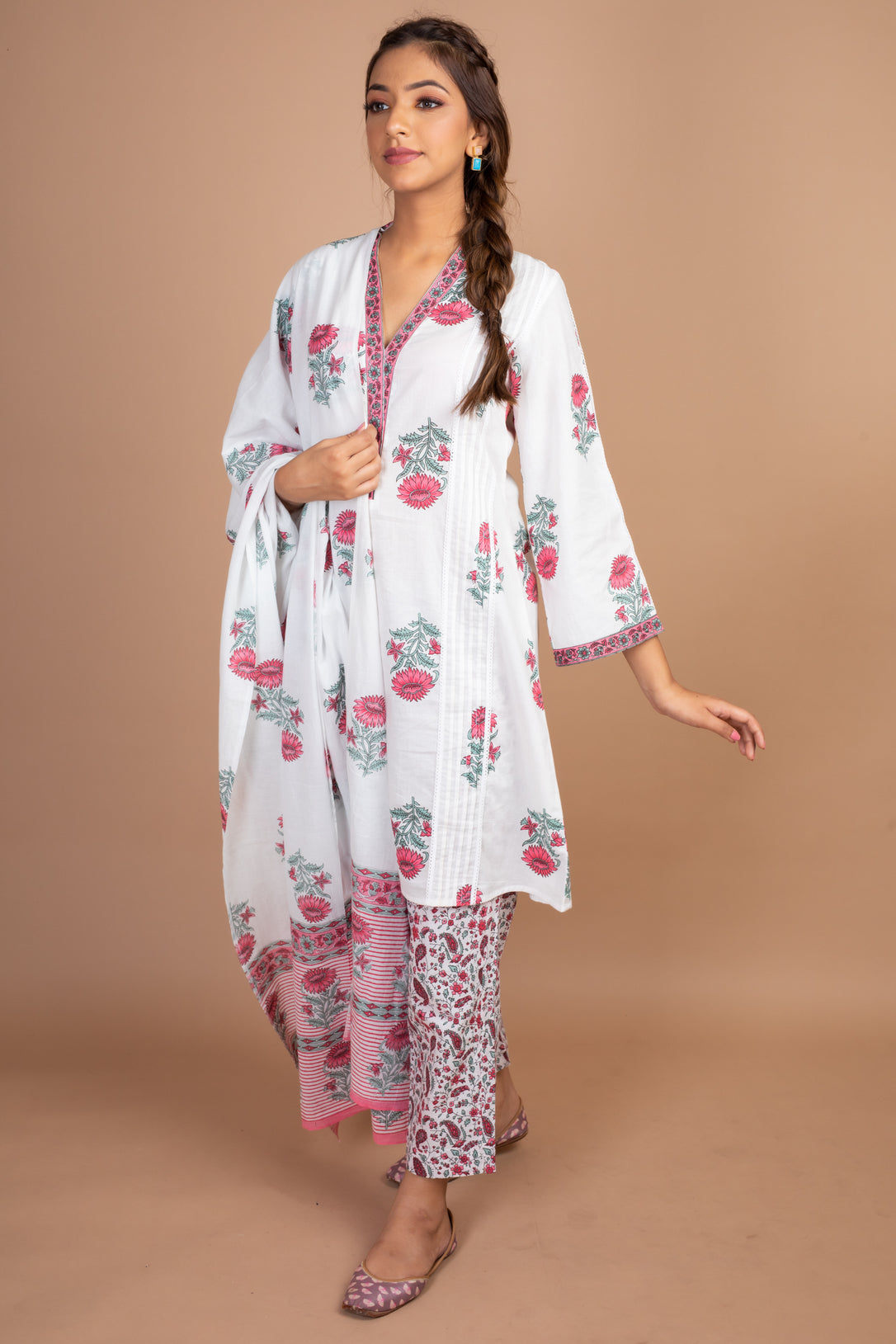 Ananya - Adaara White and pink block print suit set with pant and dupatta - Adaara