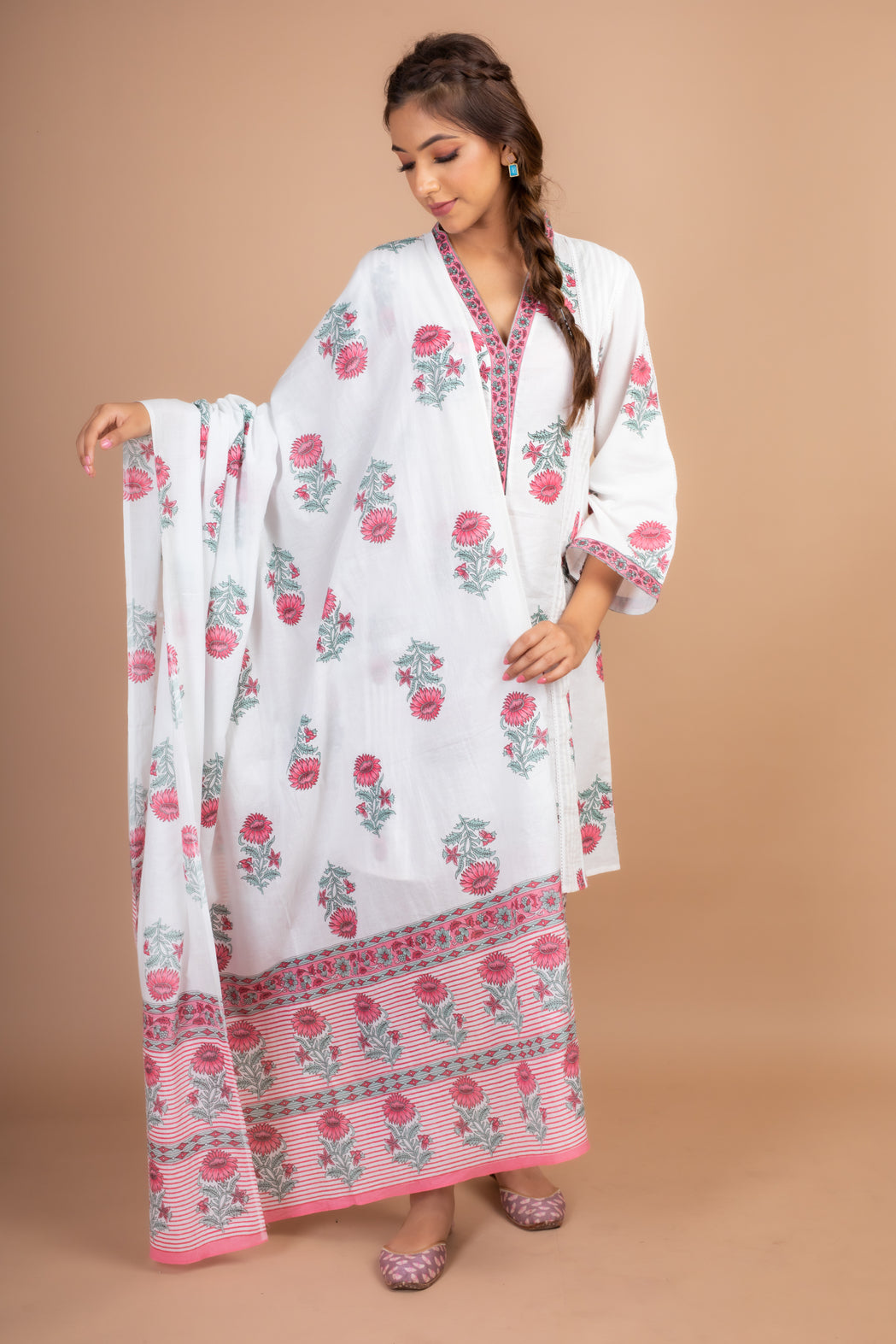 Ananya - Adaara White and pink block print suit set with pant and dupatta - Adaara