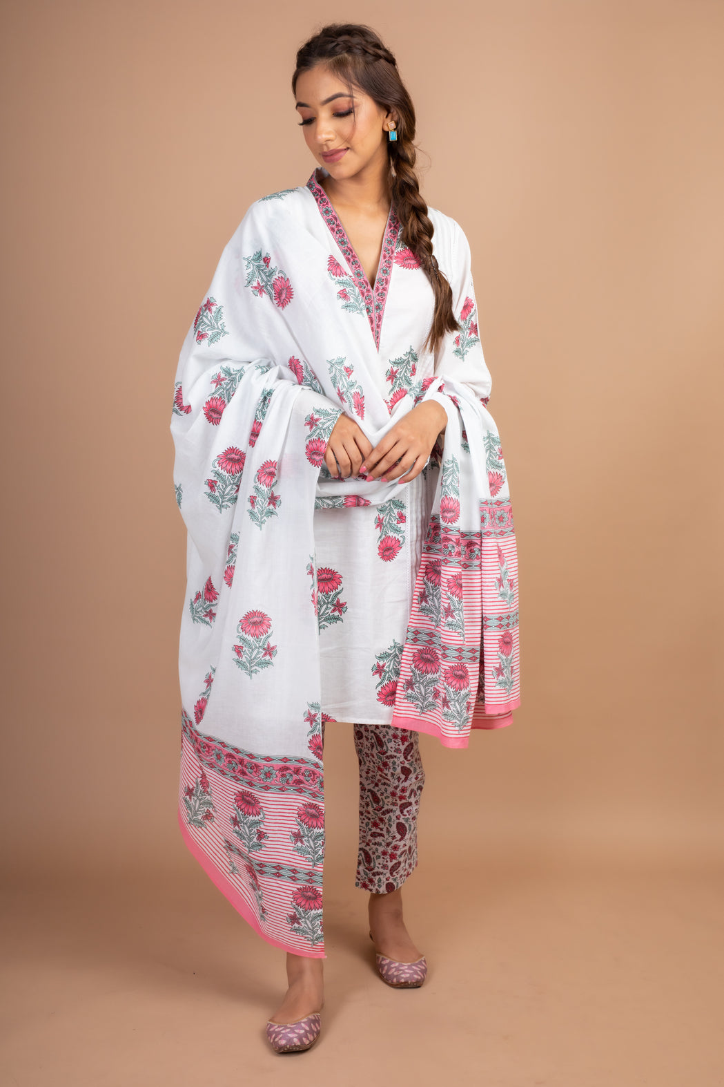 Ananya - Adaara White and pink block print suit set with pant and dupatta - Adaara