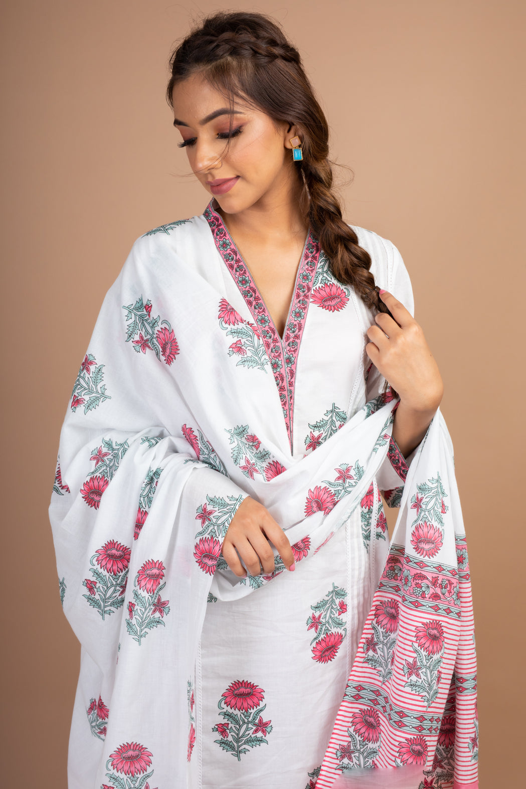 Ananya - Adaara White and pink block print suit set with pant and dupatta - Adaara