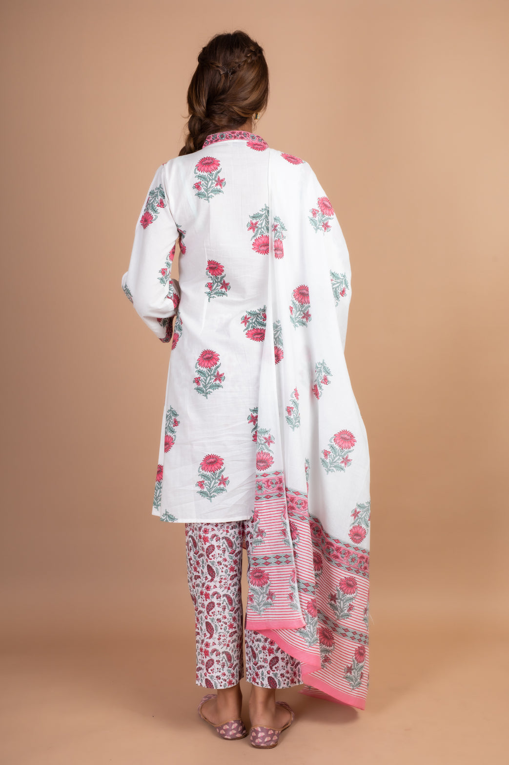 Ananya - Adaara White and pink block print suit set with pant and dupatta - Adaara