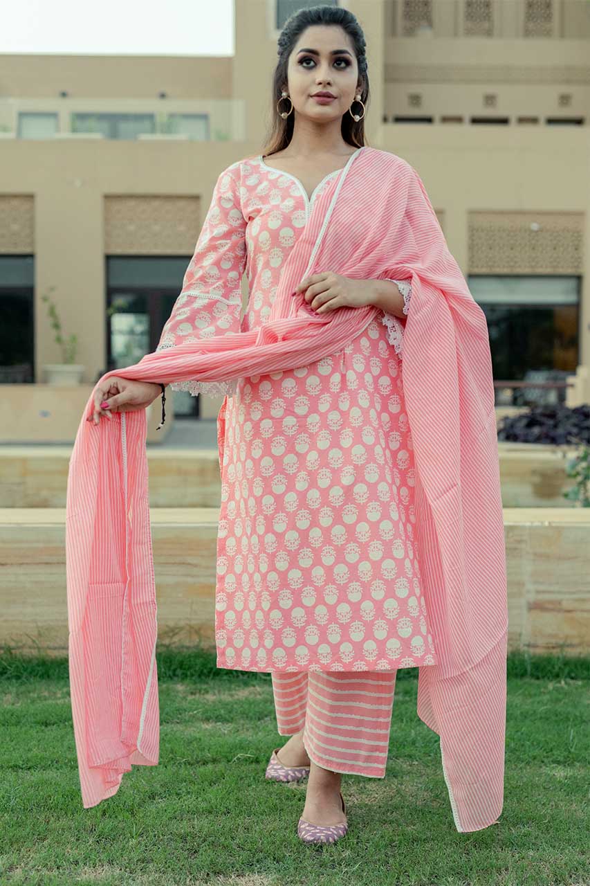 Rose-Adaara Cotton Block Print Peach Kurta Set with Dupatta - Adaara