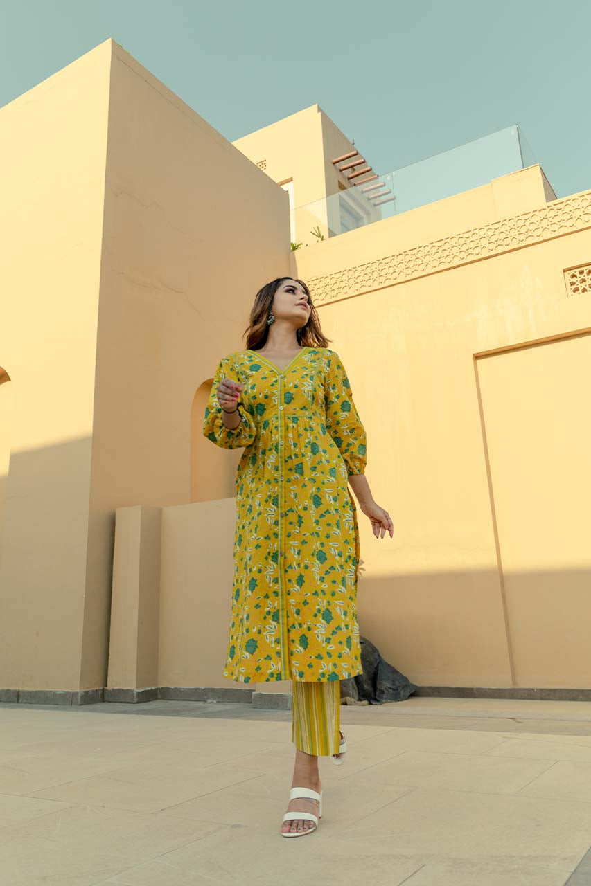 Sunflower-Adaara Cotton Floral Print Yellow Green Kurta Set - Adaara