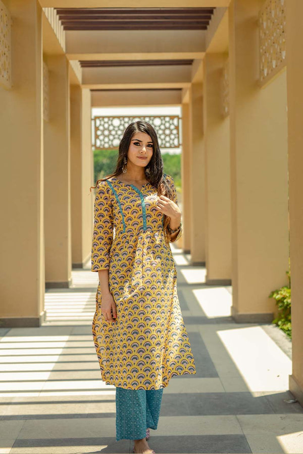 Daffodil-Adaara Cotton Parachute Block Print Yellow Kurta Set with Dupatta - Adaara