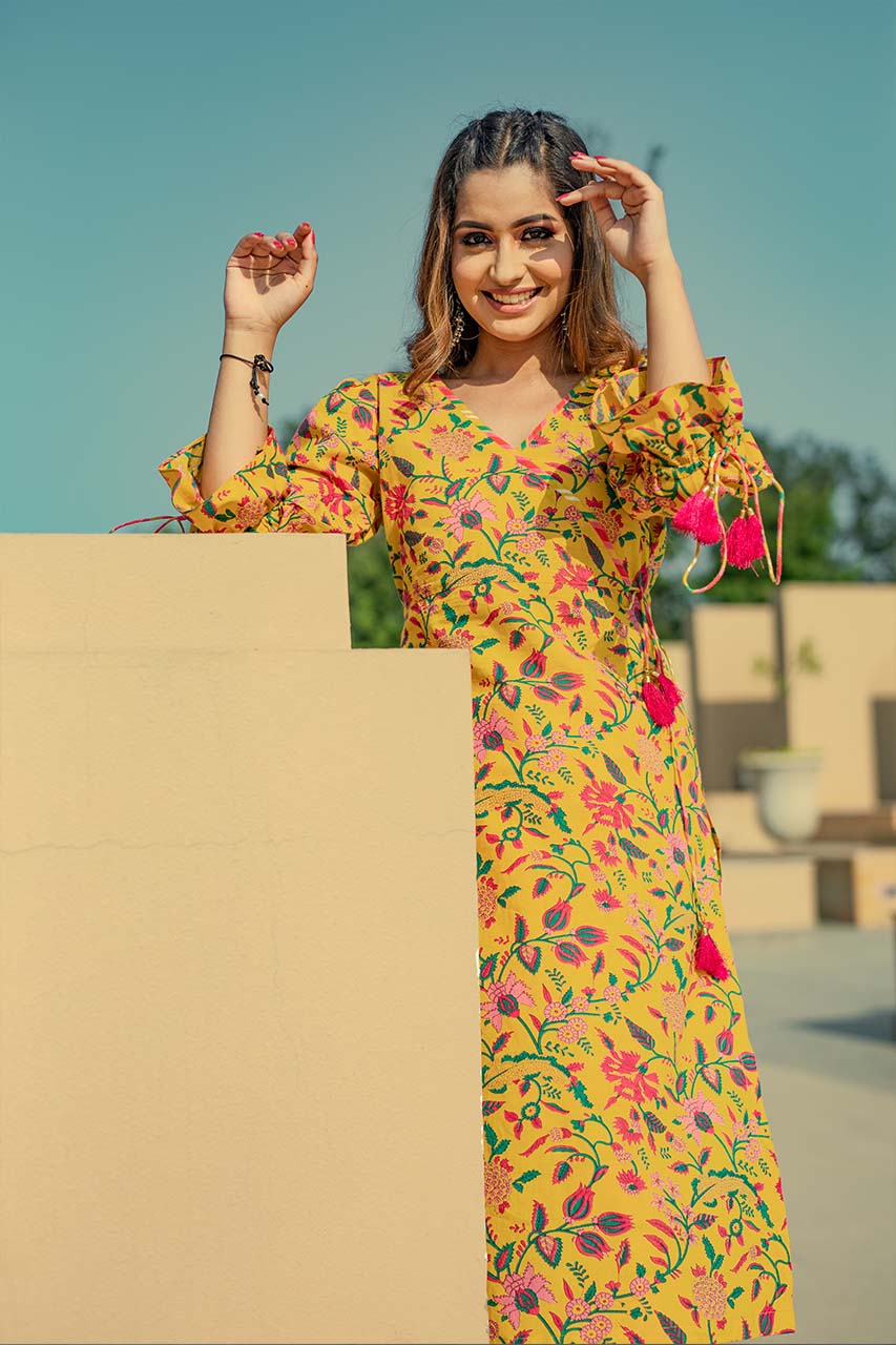 Marigold-Adaara Cotton Floral Print Yellow Multi Coloured Kurta with Pants - Adaara