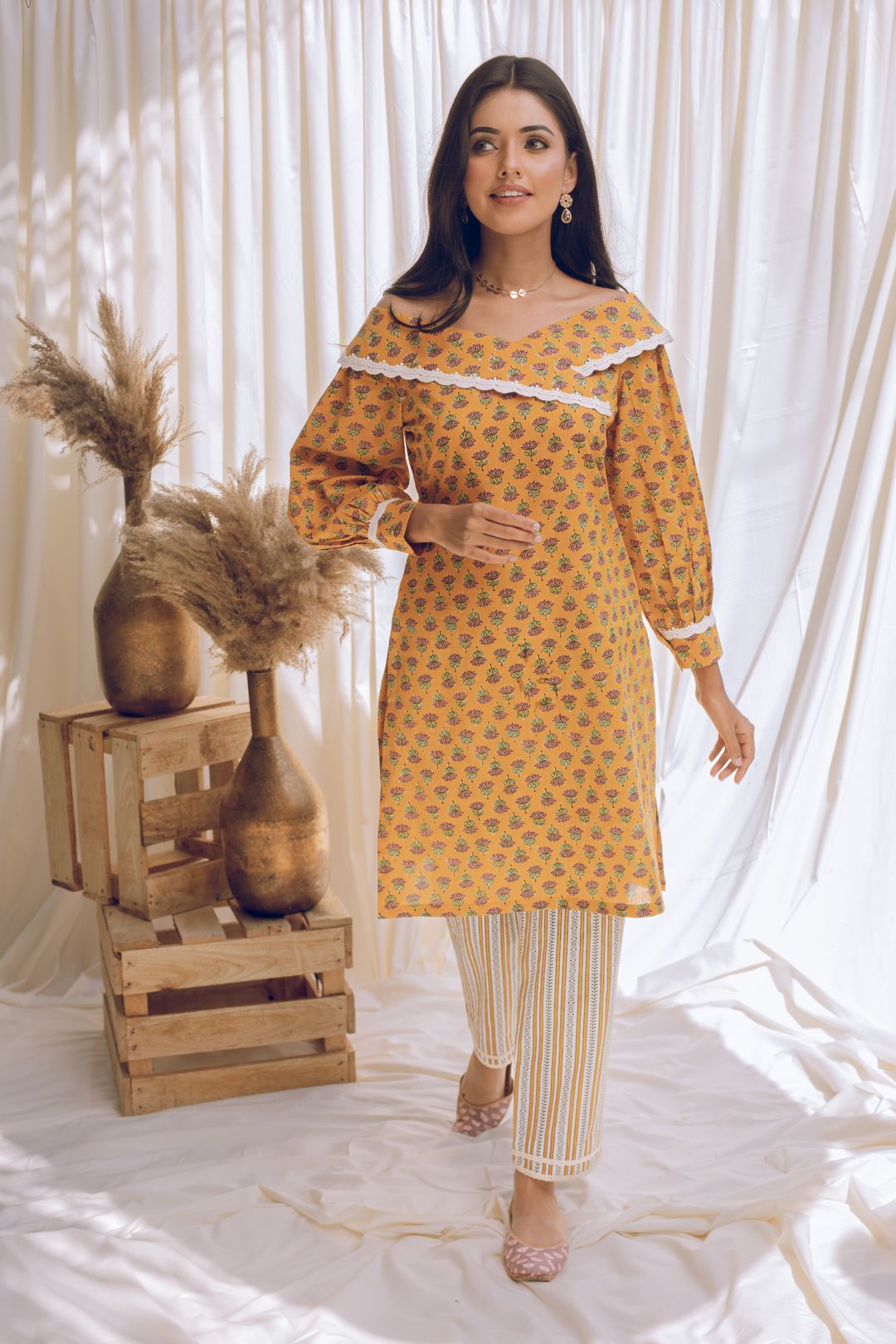 Mahru - Lotus Print off Shoulder Laced Yellow Kurta Set - Adaara