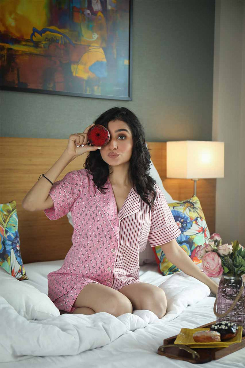 Rapunzel- Adaara striped cotton pink night suit - Adaara