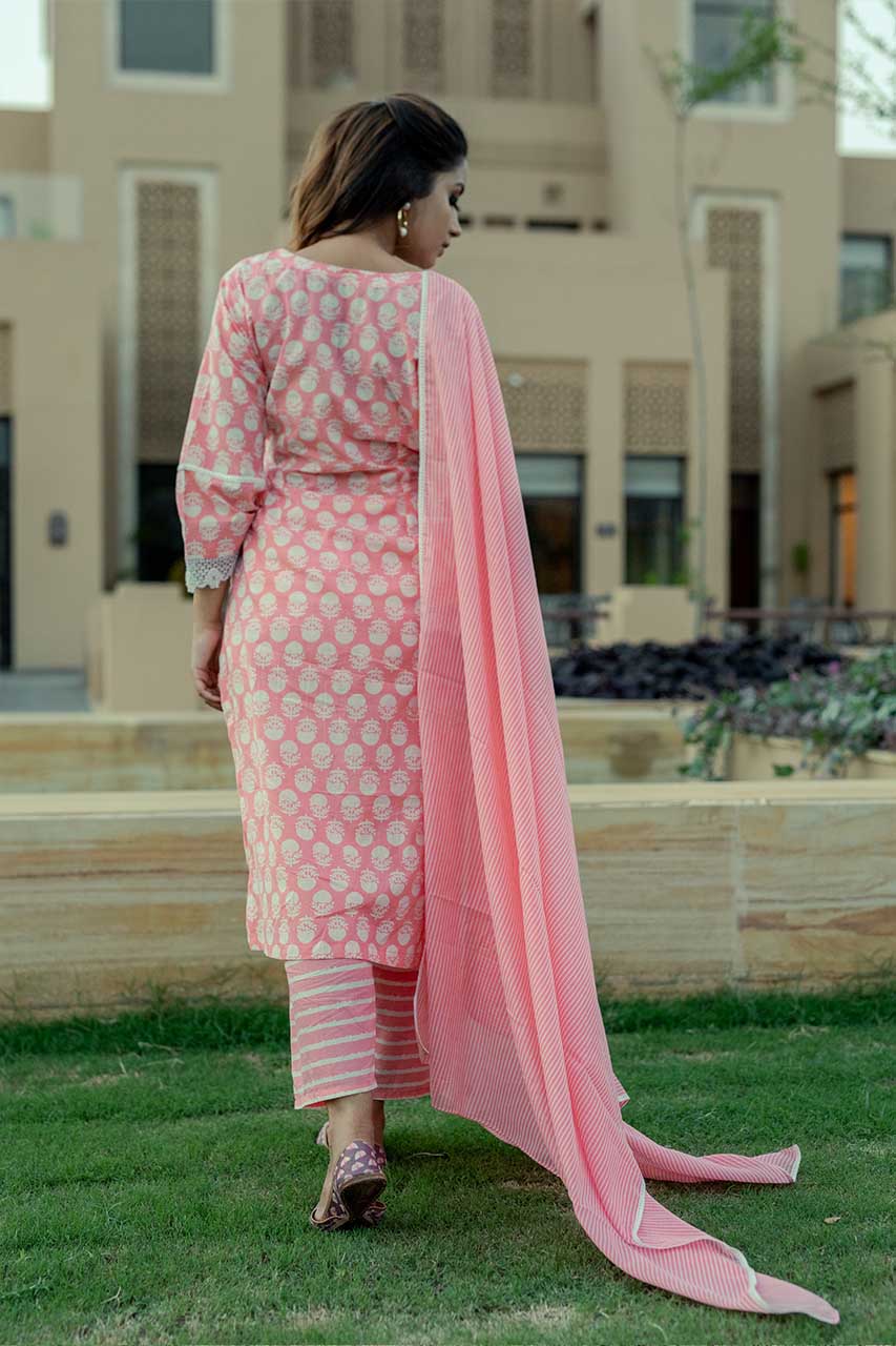 Rose-Adaara Cotton Block Print Peach Kurta Set with Dupatta - Adaara