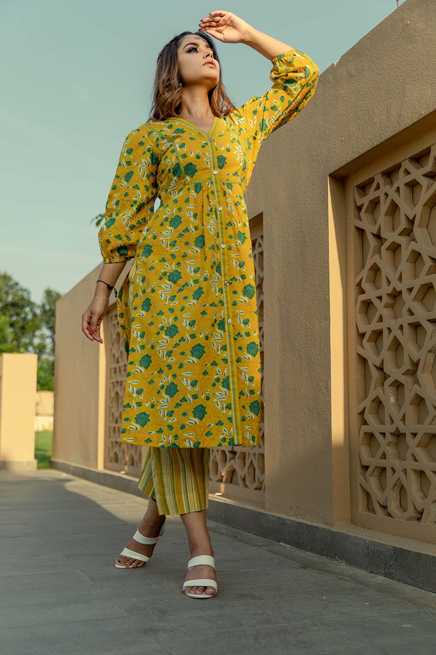 Sunflower-Adaara Cotton Floral Print Yellow Green Kurta Set - Adaara