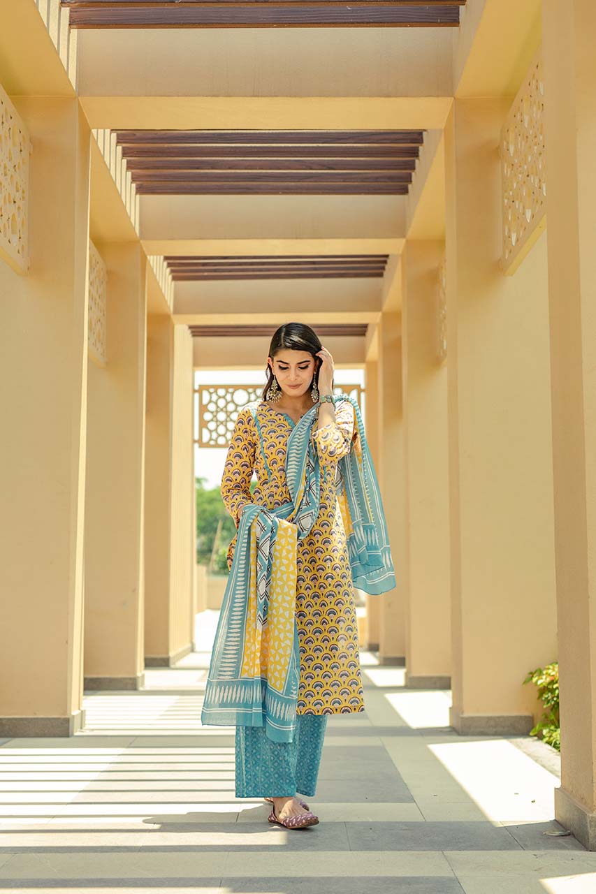 Daffodil-Adaara Cotton Parachute Block Print Yellow Kurta Set with Dupatta - Adaara