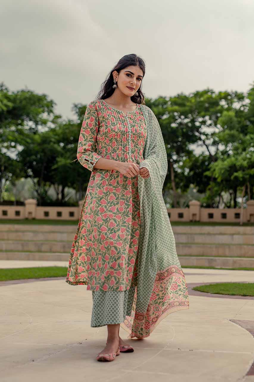 Daisy-Adaara Cotton Floral Print Pastel Hues Kurta Set with Dupatta - Adaara