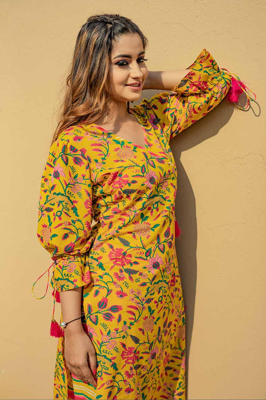 Marigold-Adaara Cotton Floral Print Yellow Multi Coloured Kurta with Pants - Adaara