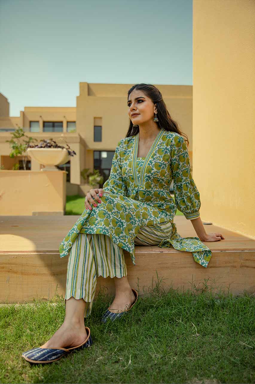 Lily- Adaara Cotton Floral Print White & Green Kurta with Pants - Adaara