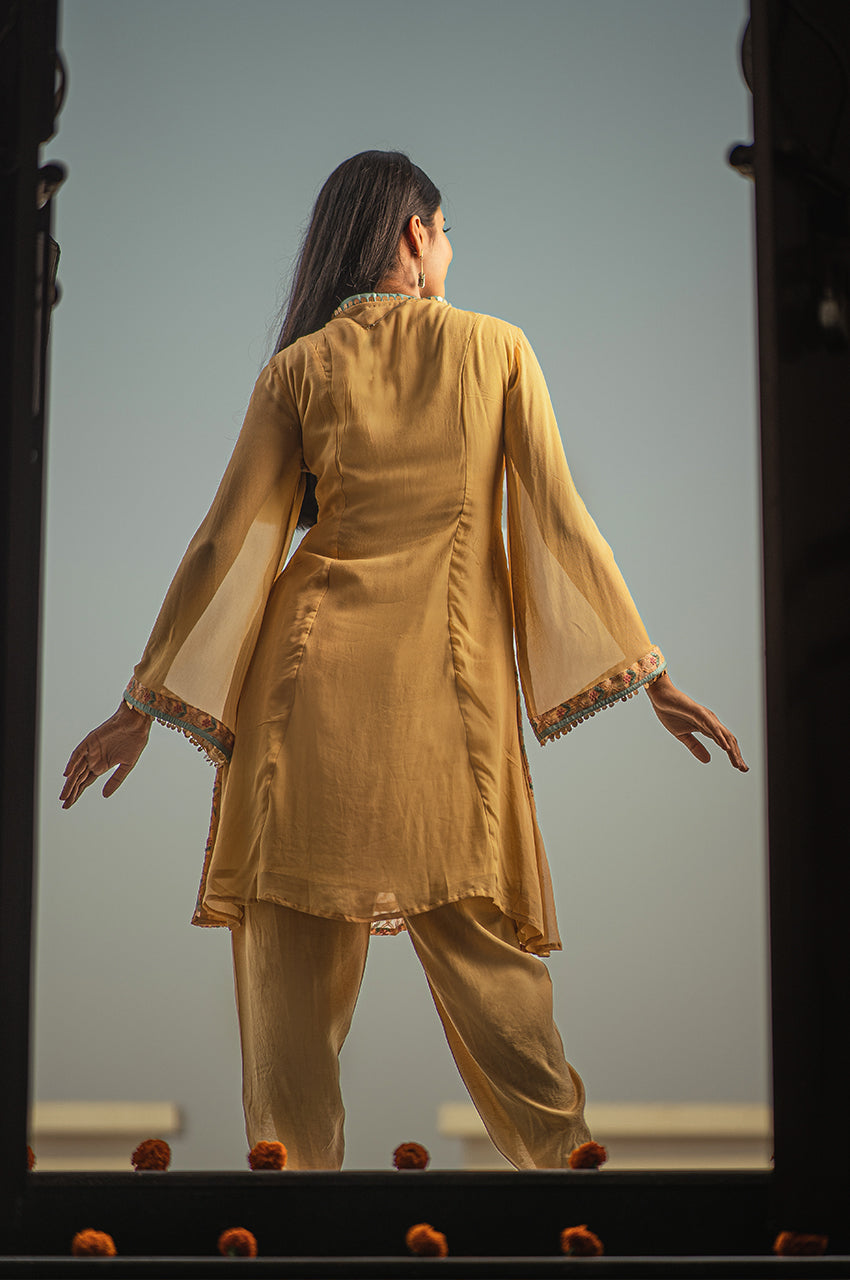 Leila- Adaara Georgette Mustard  embroidered Kurta and tulip - Adaara