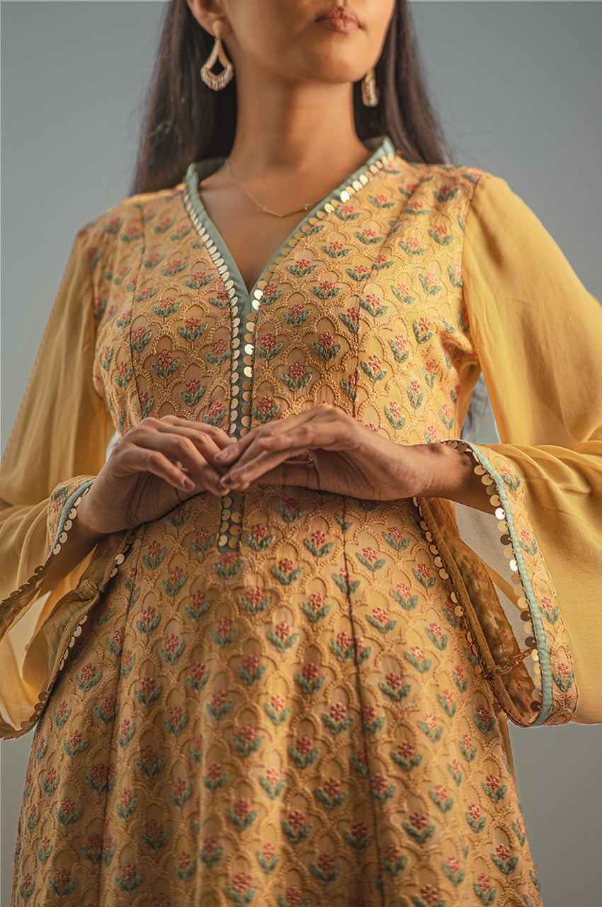 Leila- Adaara Georgette Mustard  embroidered Kurta and tulip - Adaara