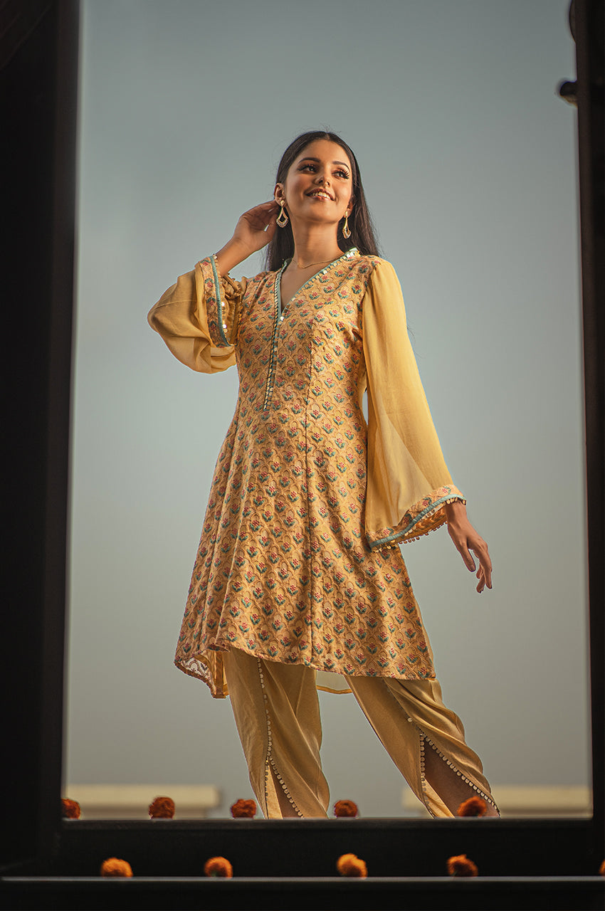 Leila- Adaara Georgette Mustard  embroidered Kurta and tulip - Adaara