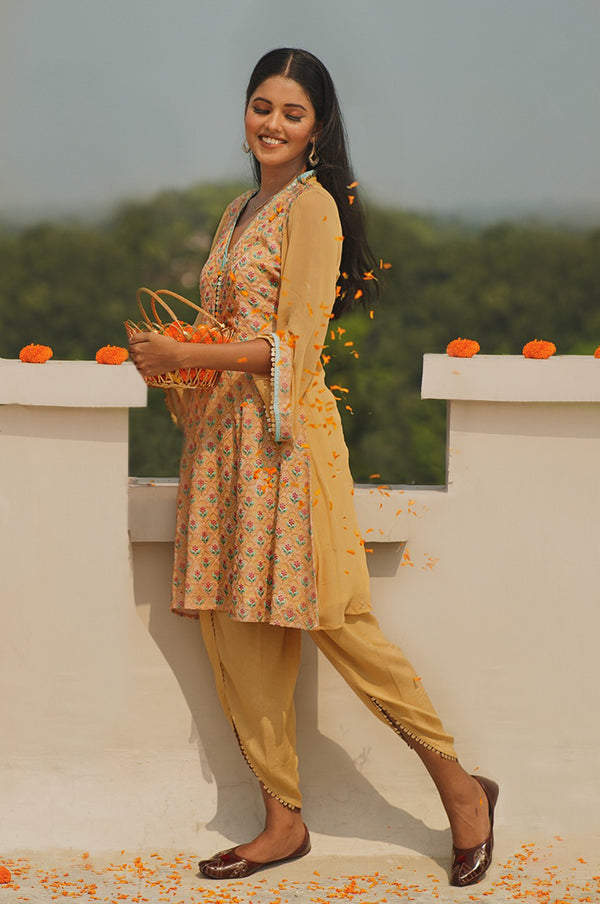 Leila- Adaara Georgette Mustard  embroidered Kurta and tulip - Adaara