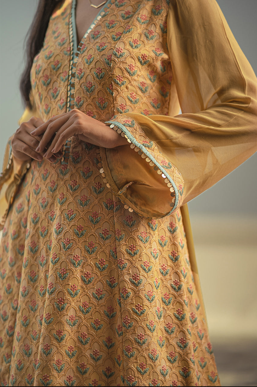 Leila- Adaara Georgette Mustard  embroidered Kurta and tulip - Adaara