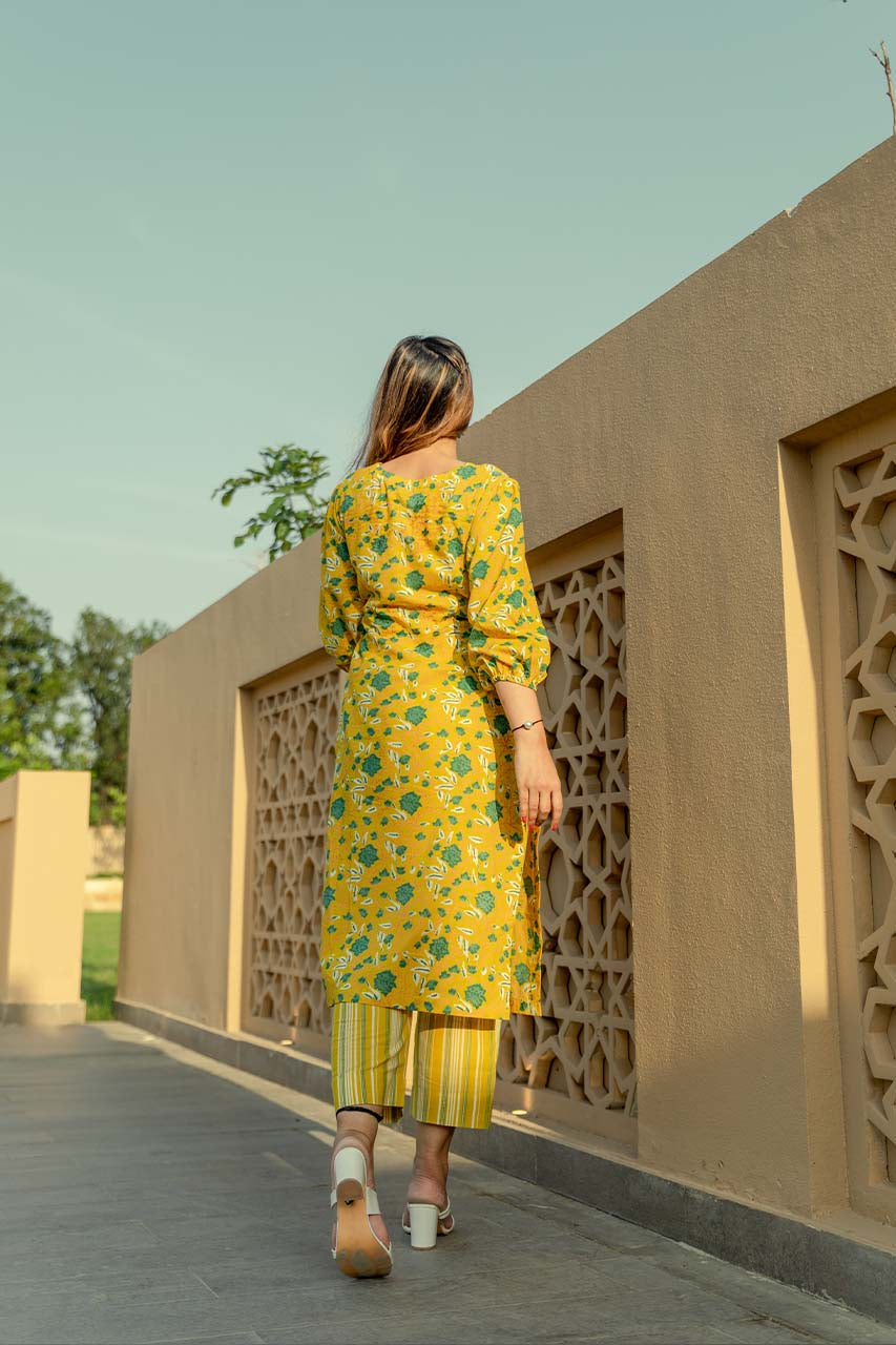 Sunflower-Adaara Cotton Floral Print Yellow Green Kurta Set - Adaara