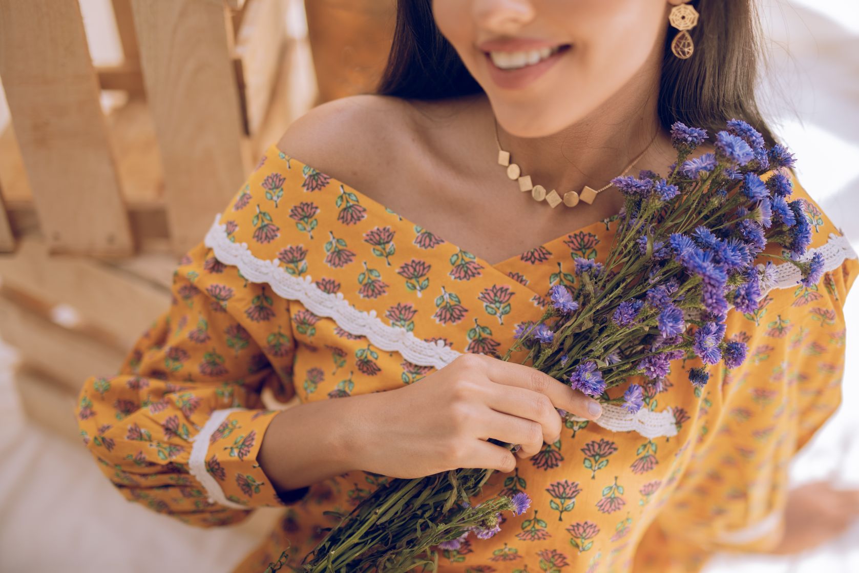 Mahru - Lotus Print off Shoulder Laced Yellow Kurta Set - Adaara