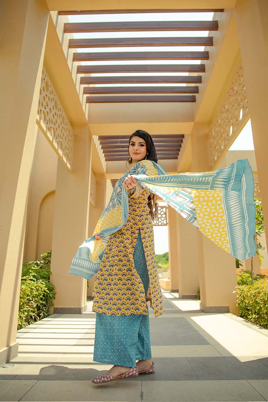 Daffodil-Adaara Cotton Parachute Block Print Yellow Kurta Set with Dupatta - Adaara