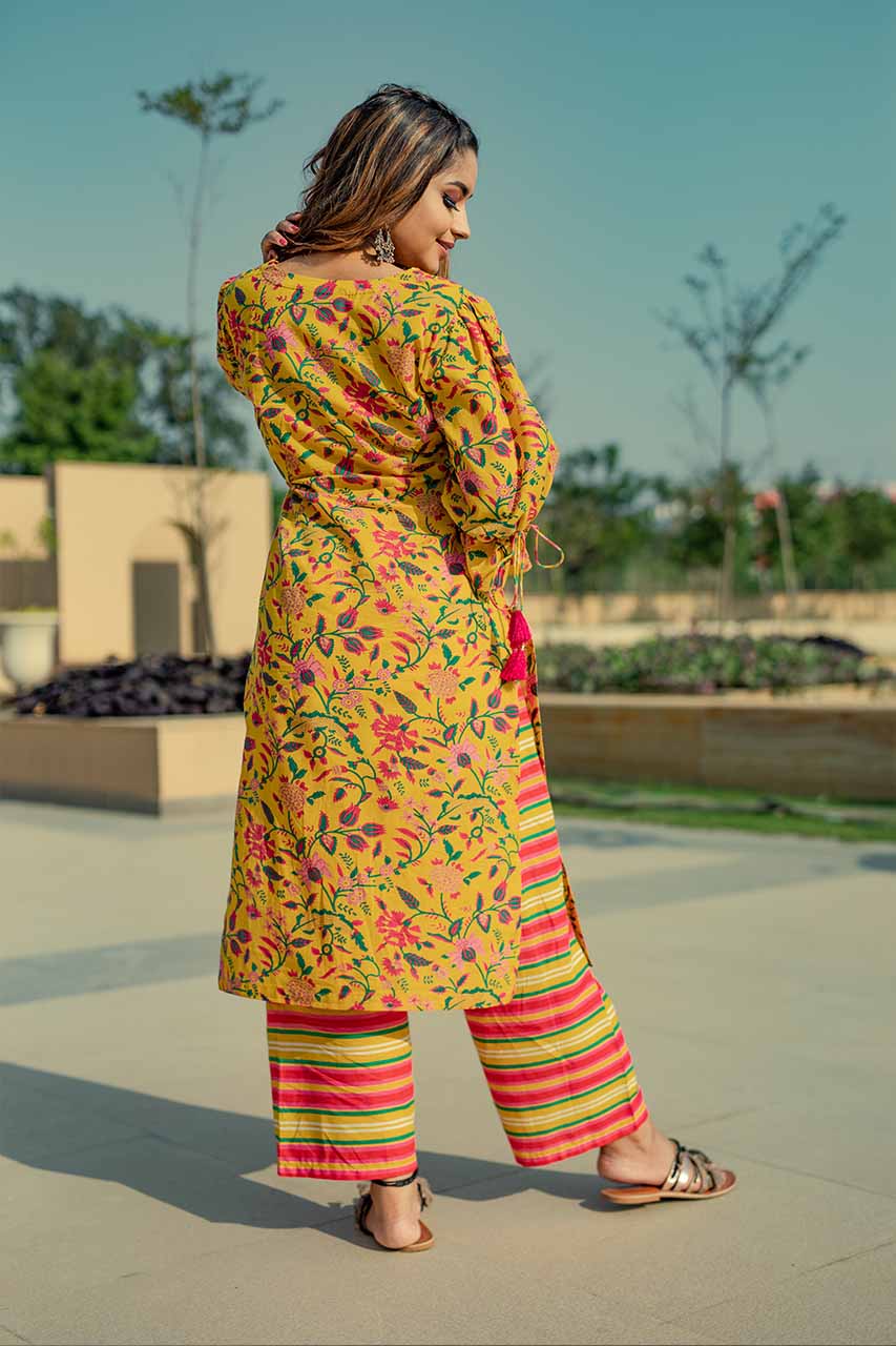 Marigold-Adaara Cotton Floral Print Yellow Multi Coloured Kurta with Pants - Adaara