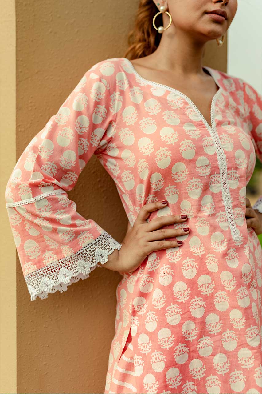 Rose-Adaara Cotton Block Print Peach Kurta Set with Dupatta - Adaara