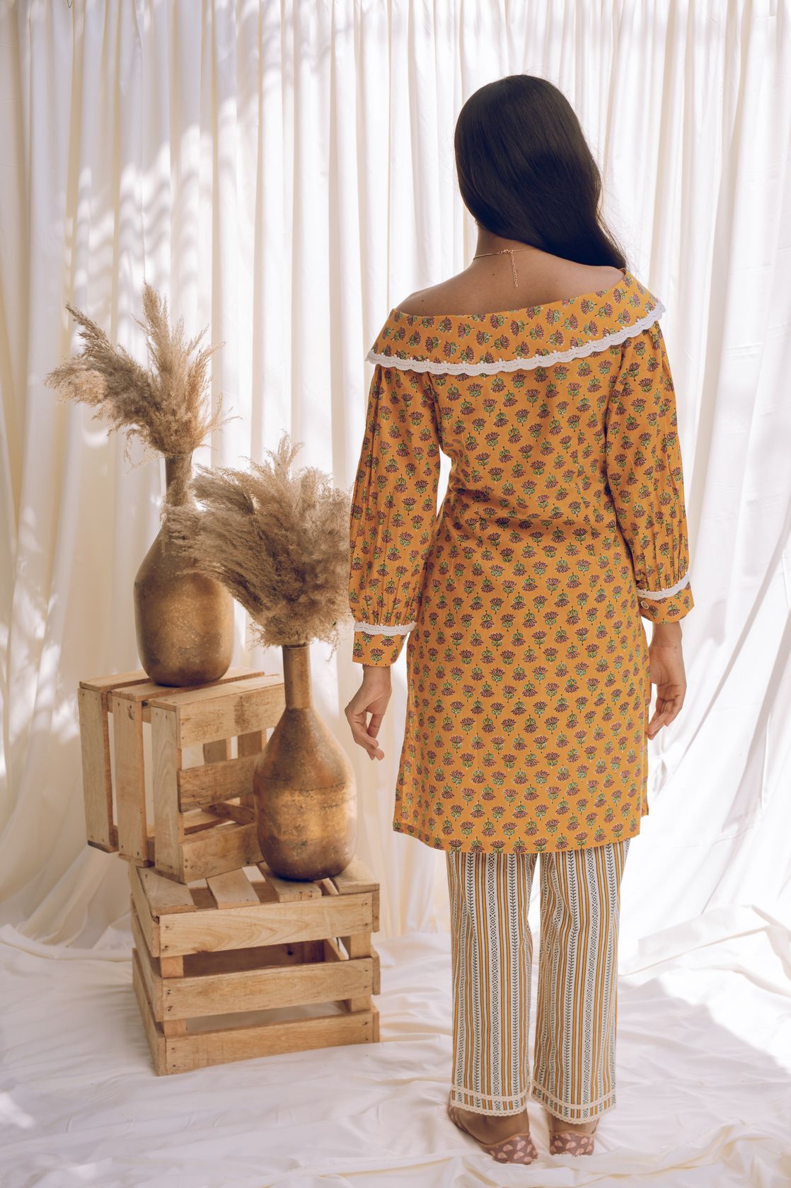 Mahru - Lotus Print off Shoulder Laced Yellow Kurta Set - Adaara