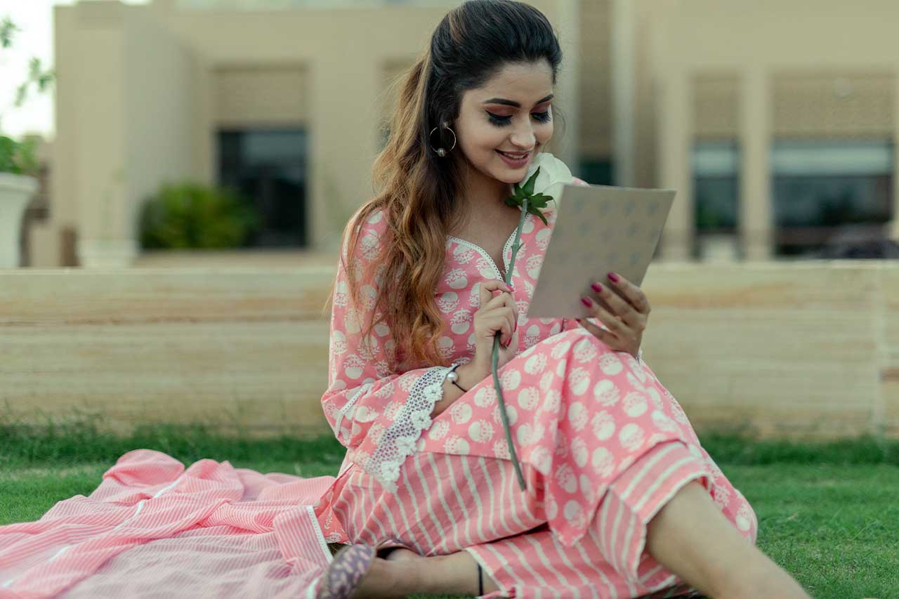 Rose-Adaara Cotton Block Print Peach Kurta Set with Dupatta - Adaara