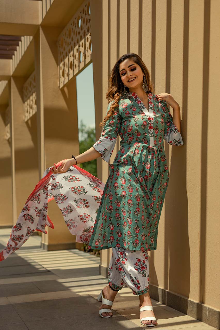 Periwinkle-Adaara Cotton Block Print Blue & White Kurta Set with Dupatta - Adaara